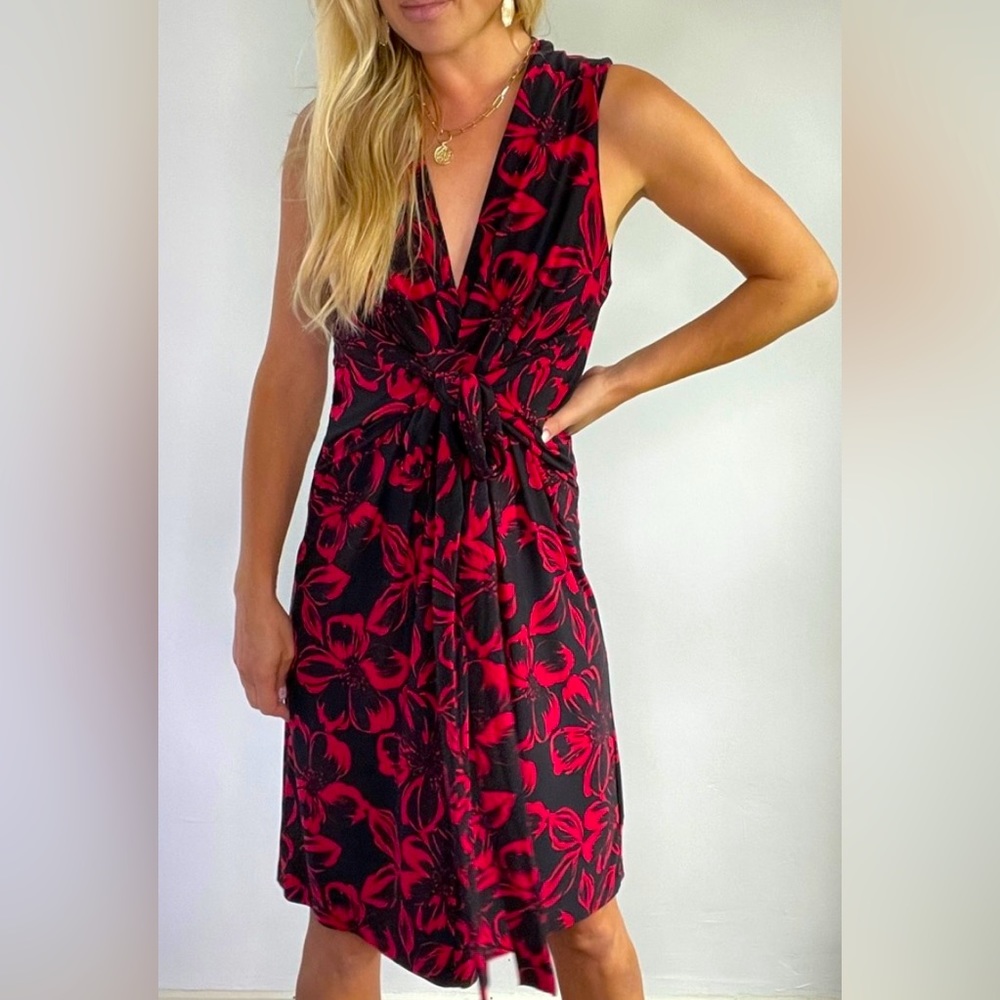Norma Kamali Faux Wrap Dress Flower Floral Print Red Black